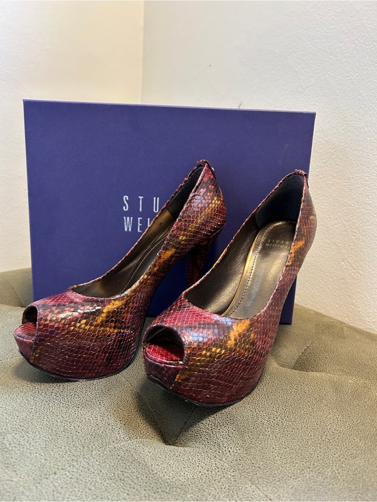 Stuart Weitzman Shoes - Stuart Weitzman Women's Red Multi Python-Print Peep-Toe Pumps